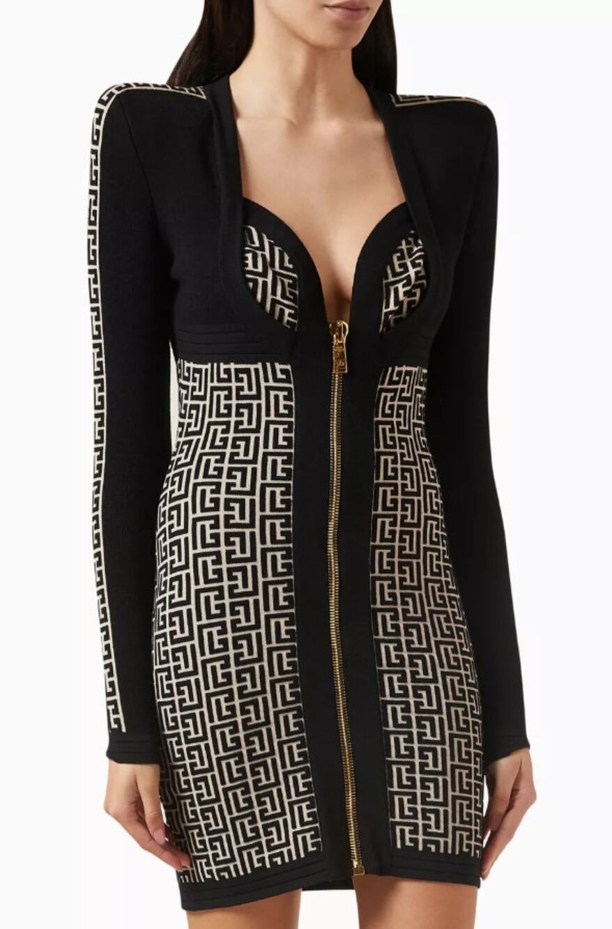NWT Balmain Paris Monogrammed Bodycon Knitted Mini Dress Black Size 40